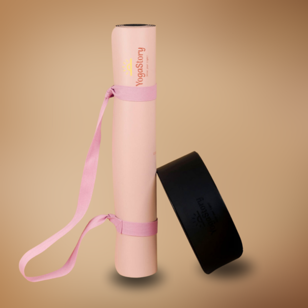 Set – pink yoga mat “Alignment lines” + black yoga wheel "plain design"