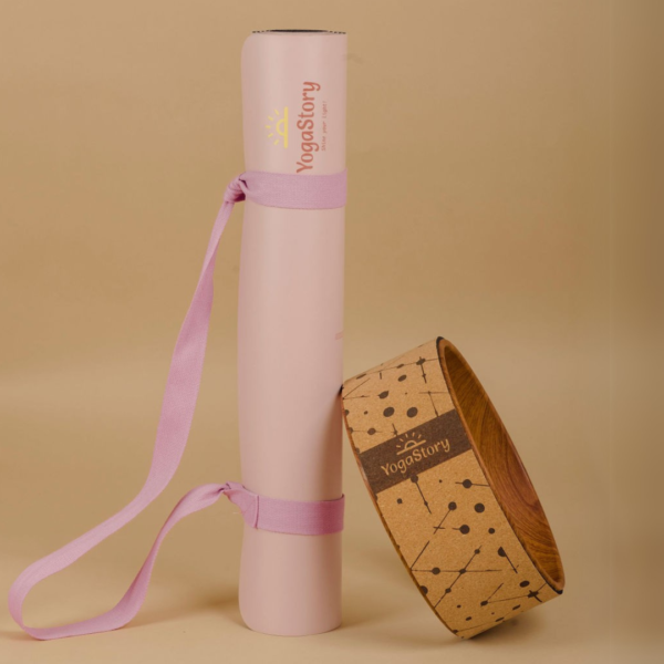 Set - pink yoga mat “Alignment lines” + cork yoga wheel "stars / universe" design